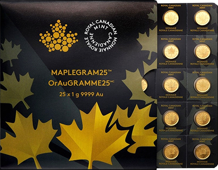 Zlati Maplegram25 - 25 kanadskih zlatnikov mase 1g, čistine 999,9/1000